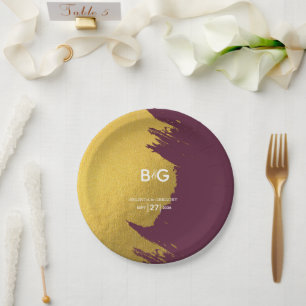 Imitate Gold Burgund, Monogram Wedding Pappteller