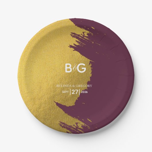 Imitate Gold Burgund, Monogram Wedding Pappteller (Vorderseite)