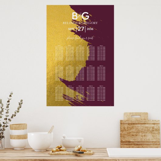 Imitate Gold Burgundy, Mongram Seating Chart Poster (Küche)