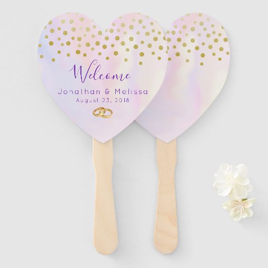 Imitate Gold Confetti auf Lila Wasserfarbenhochzei Fächer (Vorne und Hinten)