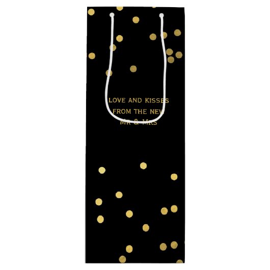 Imitate Gold Confetti Dots Matte Black Wine Gesche Geschenktüte Für Weinflaschen (Vorderseite)