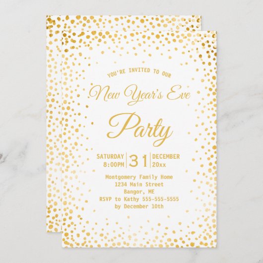 Imitate Gold Confetti Silvester Party Weiß Einladung (Vorne/Hinten)