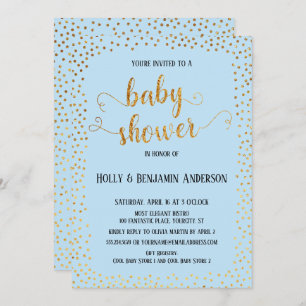 Imitate Gold Confetti Typografie Blue Baby Dusche Einladung