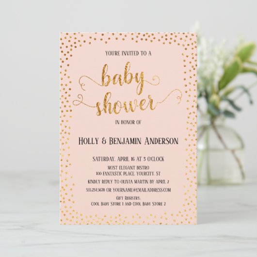 Imitate Gold Confetti Typografie Blush Baby Dusche Einladung (Stehend Vorderseite)
