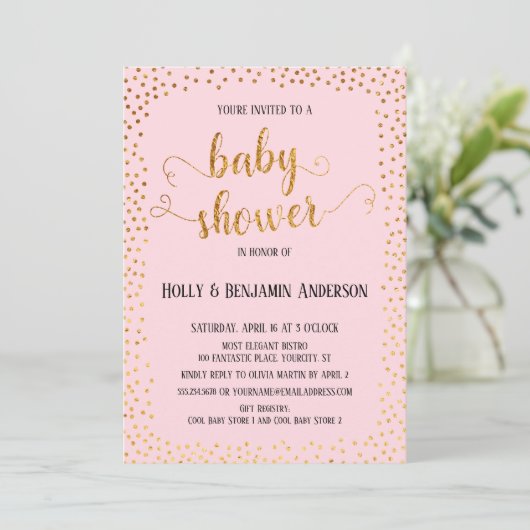 Imitate Gold Confetti Typografie Pink Baby Dusche Einladung (Stehend Vorderseite)