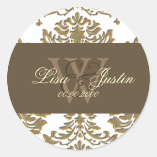 Imitate Gold Damask Monogramm Hochzeitsaufkleber Runder Aufkleber