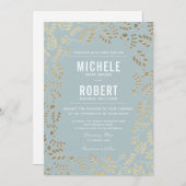 Imitate Gold Dusty Blue Botanical Wedding Einladun Einladung (Vorne/Hinten)