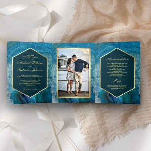 Imitate Gold Foil Blue Agate Hochzeit Foto Dreifach Gefaltete Einladung