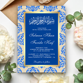 Imitate Gold Foil Blue Damask Islamische Hochzeit Einladung