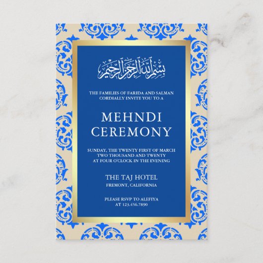 Imitate Gold Foil Blue Damask Islamische Mehndi Ze Begleitkarte (Vorderseite)