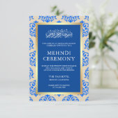 Imitate Gold Foil Blue Damask Islamische Mehndi Ze Begleitkarte (Stehend Vorderseite)