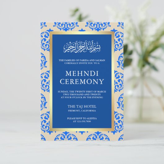 Imitate Gold Foil Blue Damask Islamische Mehndi Ze Begleitkarte (Stehend Vorderseite)
