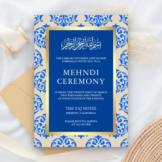Imitate Gold Foil Blue Damask Islamische Mehndi Ze Begleitkarte