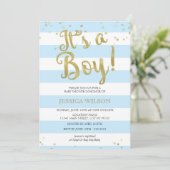 Imitate Gold Foil, Blue Stripes Baby Dusche Ihr Ju Einladung (Stehend Vorderseite)