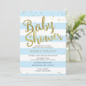 Imitate Gold Foil, Blue Stripes Babydusche Junge Einladung (Stehend Vorderseite)