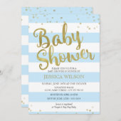 Imitate Gold Foil, Blue Stripes Babydusche Junge Einladung (Vorne/Hinten)