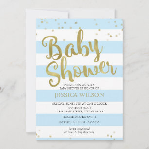 Imitate Gold Foil, Blue Stripes Babydusche Junge Einladung