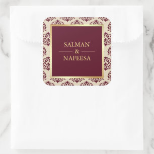 Imitate Gold Foil Burgundy Damask Hochzeit Quadratischer Aufkleber