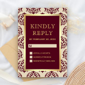 Imitate Gold Foil Burgundy Damask Hochzeit RSVP Karte