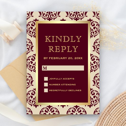 Imitate Gold Foil Burgundy Damask Hochzeit RSVP Karte