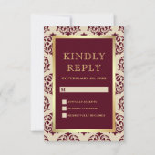 Imitate Gold Foil Burgundy Damask Hochzeit RSVP Karte (Vorderseite)
