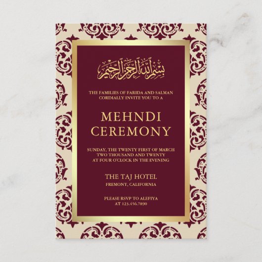 Imitate Gold Foil Burgundy Damask Islamic Mehndi Begleitkarte (Vorderseite)