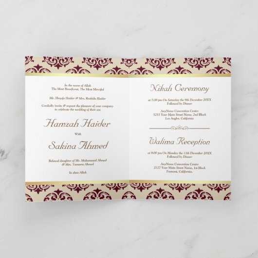 Imitate Gold Foil Burgundy Red Damask muslimische  Einladung (Innenseite)
