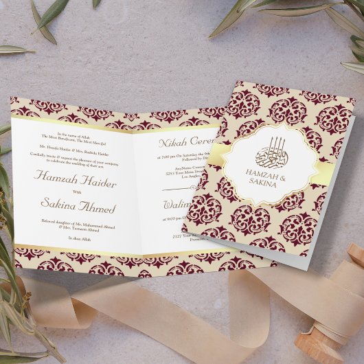 Imitate Gold Foil Burgundy Red Damask muslimische Einladung