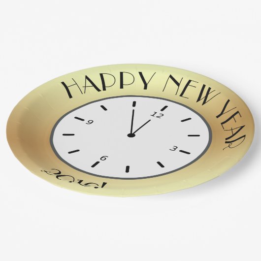 Imitate Gold Foil Clock Mitternacht glücklich Neue Pappteller (Schrägansicht)