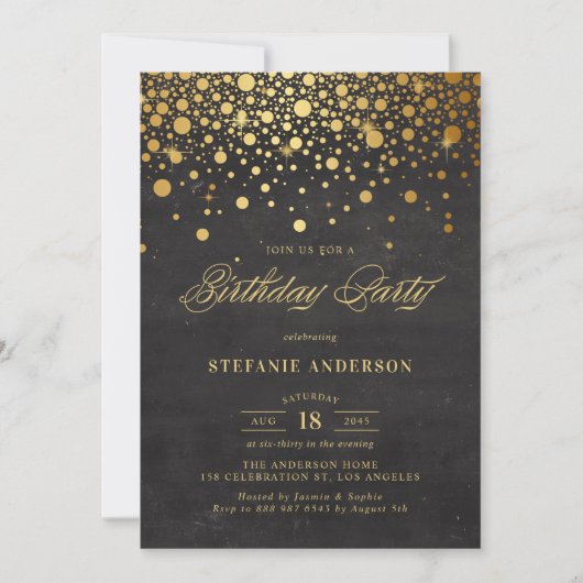 Imitate Gold Foil Confetti Dots Black Geburtstag Einladung (Vorderseite)