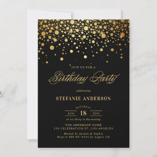 Imitate Gold Foil Confetti Dots Black Geburtstag Einladung