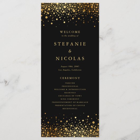 Imitate Gold Foil Confetti Dots Black Wedding Programm (Vorderseite)