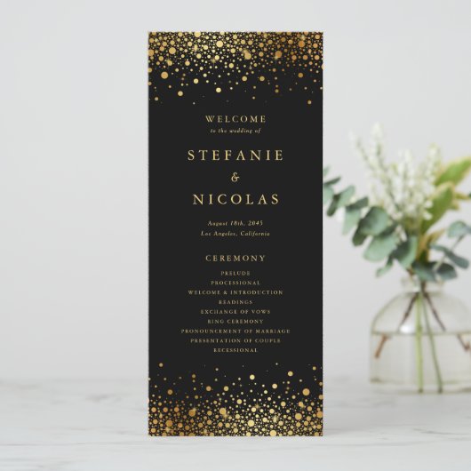 Imitate Gold Foil Confetti Dots Black Wedding Programm (Stehend Vorderseite)
