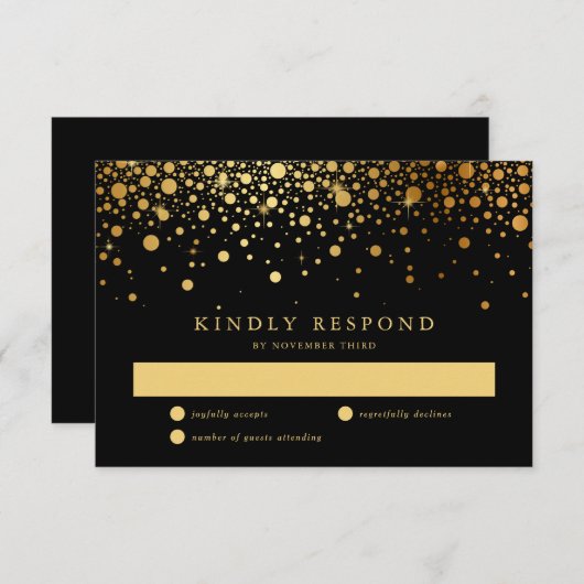 Imitate Gold Foil Confetti Dots Black Wedding RSVP (Vorne/Hinten)