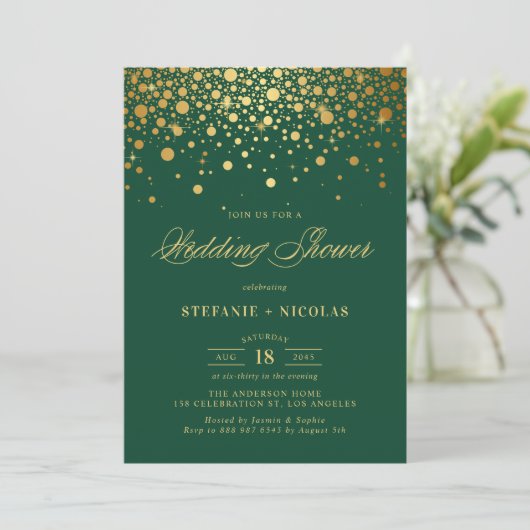 Imitate Gold Foil Confetti Dots Green Polterabend Einladung (Stehend Vorderseite)