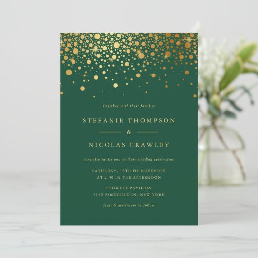 Imitate Gold Foil Confetti Dots Grüne Hochzeit Einladung (Stehend Vorderseite)