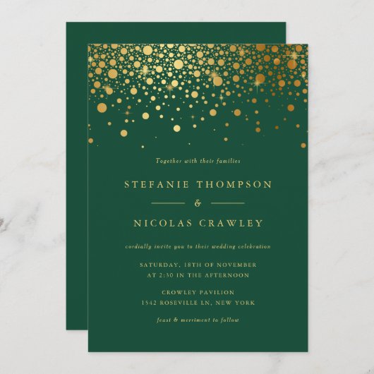 Imitate Gold Foil Confetti Dots Grüne Hochzeit Einladung (Vorne/Hinten)