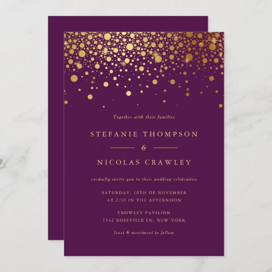 Imitate Gold Foil Confetti Dots Lila Hochzeit Einladung (Vorne/Hinten)