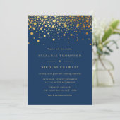 Imitate Gold Foil Confetti Dots Navy Blue Wedding Einladung (Stehend Vorderseite)