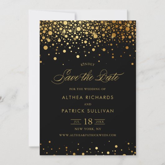 Imitate Gold Foil Confetti Dots | Schwarz Save the Date (Vorderseite)