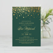 Imitate Gold Foil Confetti Green Bar Mitzvah Einladung (Stehend Vorderseite)
