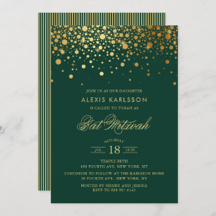 Imitate Gold Foil Confetti Green Bat Mitzvah Einladung
