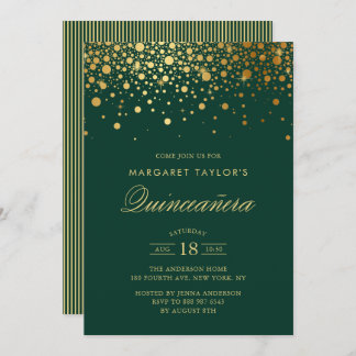 Imitate Gold Foil Confetti Green Quinceañera Einladung