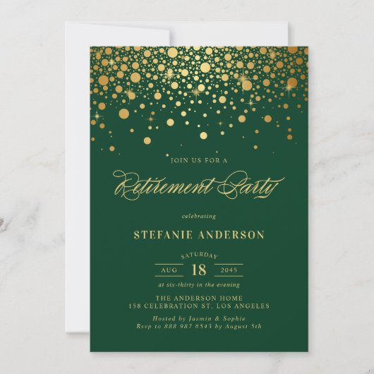 Imitate Gold Foil Confetti Green Retirement Party Einladung (Vorderseite)