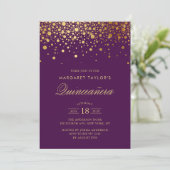 Imitate Gold Foil Confetti Lila Quinceañera Einladung (Stehend Vorderseite)