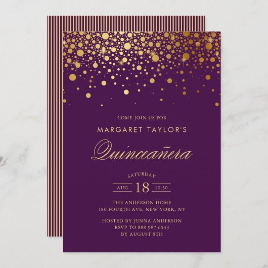 Imitate Gold Foil Confetti Lila Quinceañera Einladung (Vorne/Hinten)
