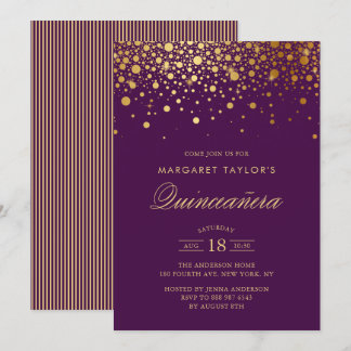 Imitate Gold Foil Confetti Lila Quinceañera Einladung