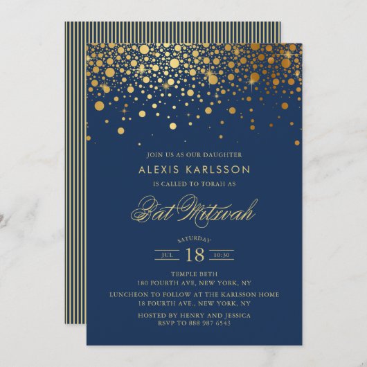Imitate Gold Foil Confetti Navy Blue Bat Mitzvah Einladung (Vorne/Hinten)