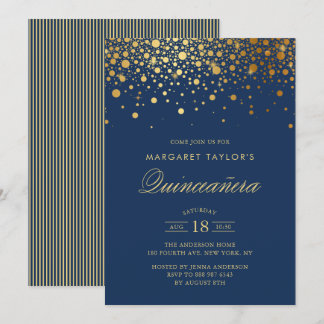 Imitate Gold Foil Confetti Navy Blue Quinceañera Einladung