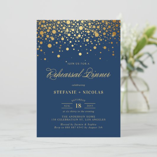 Imitate Gold Foil Confetti | Navy Probe Dinner Einladung (Stehend Vorderseite)